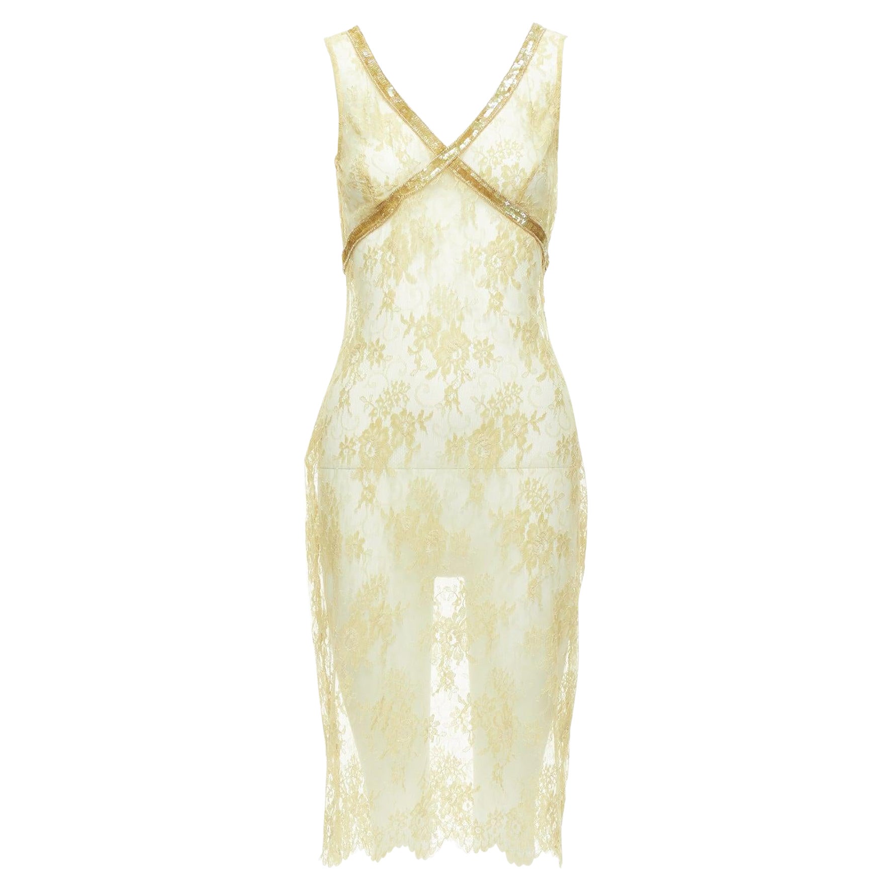 COLLETTE DINNIGAN Vintage Gold Pailletten florale Spitze durchsichtiges Kleid S im Angebot
