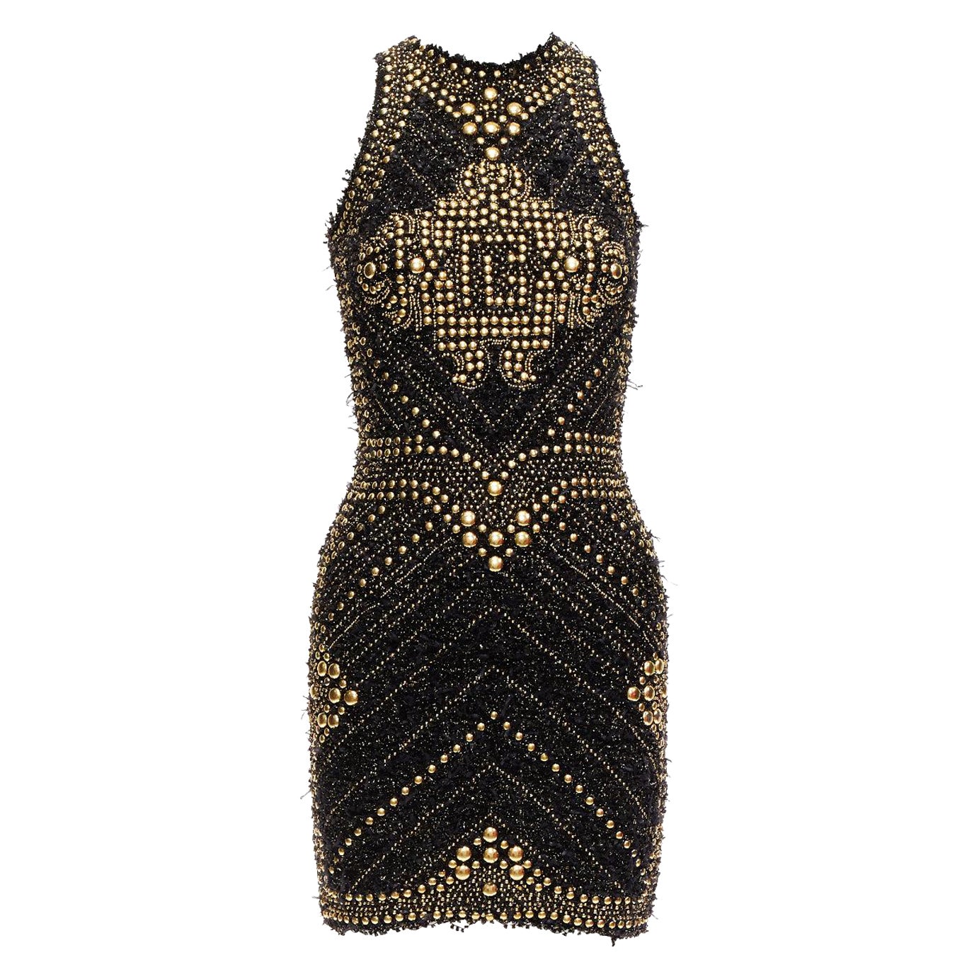 BALMAIN 2022 gold boucle tweed stud embellished Labyrinth mini dress FR34 XS For Sale
