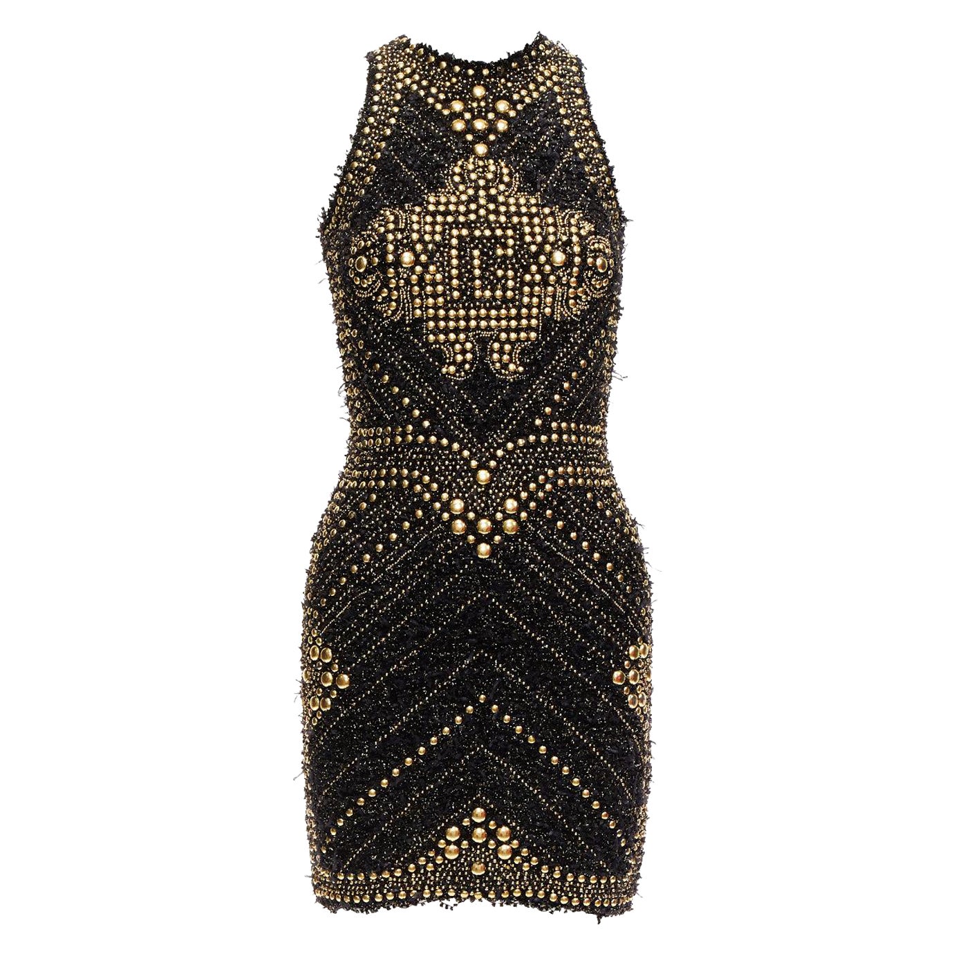 BALMAIN 2022 gold boucle tweed stud embellished Labyrinth mini dress FR34 XS
