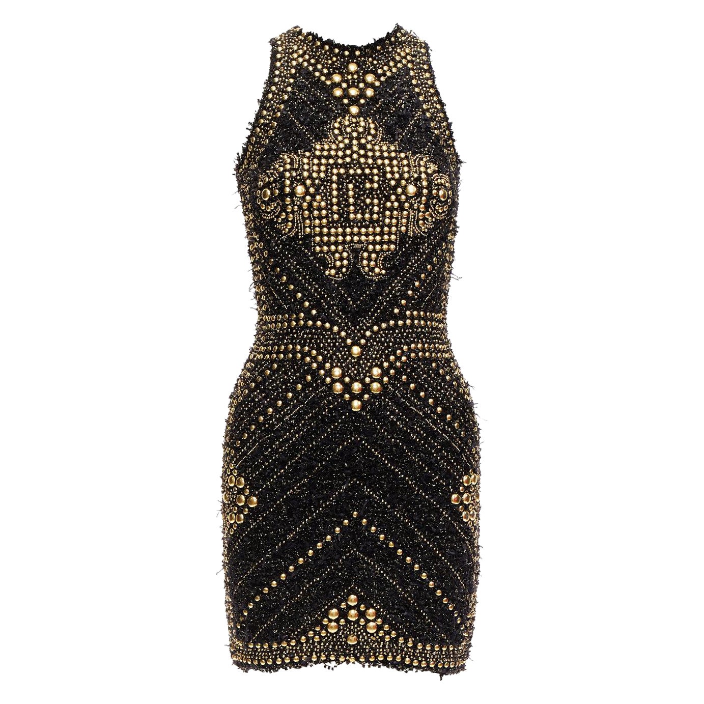 BALMAIN 2022 Gold Boucle Tweed Nieten verziertes Labyrinth-Minikleid FR34 XS im Angebot