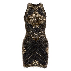 BALMAIN 2022 gold boucle tweed stud embellished Labyrinth mini dress FR34 XS