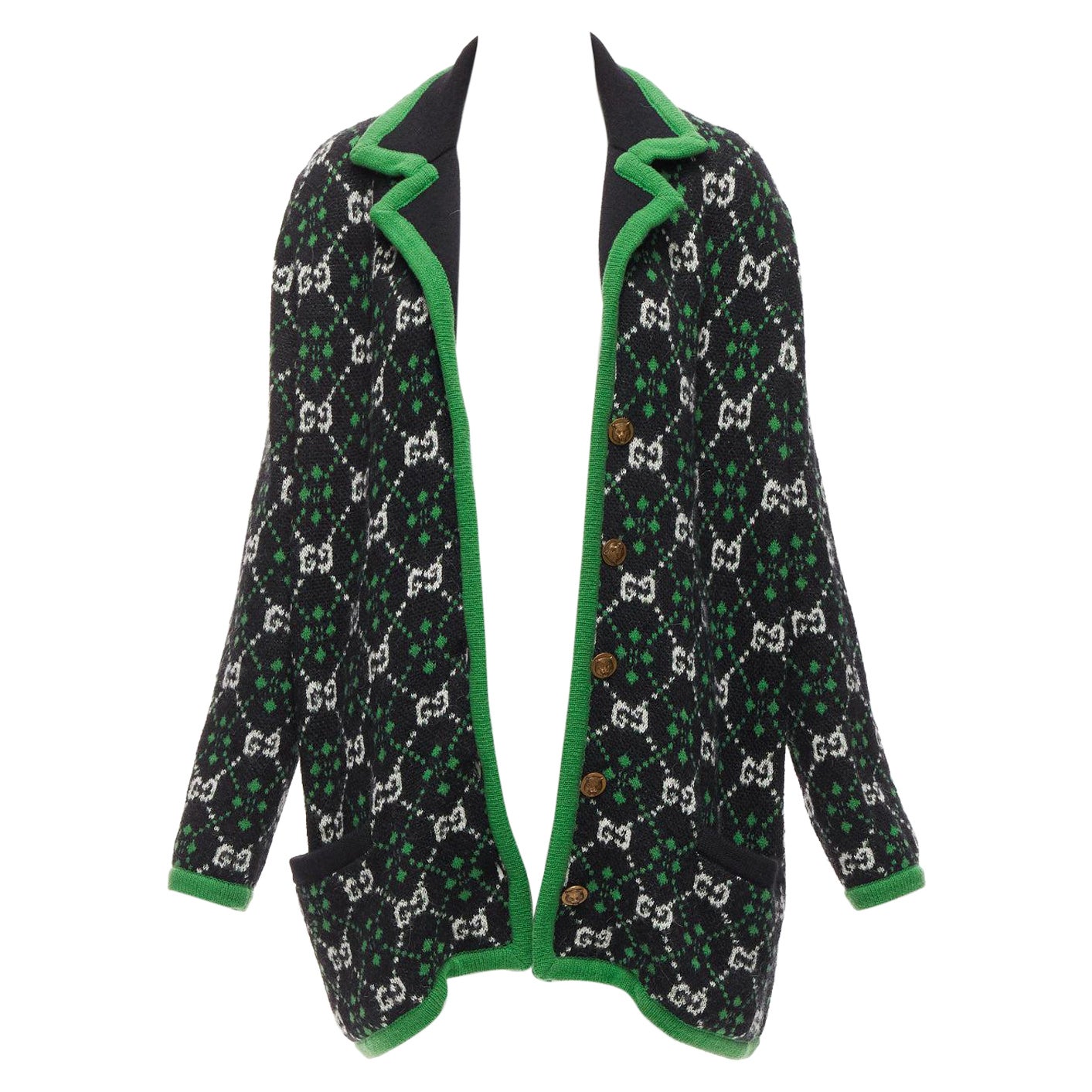 GUCCI 2018 white black GG monogram alpaca wool green trim knit coat S For Sale