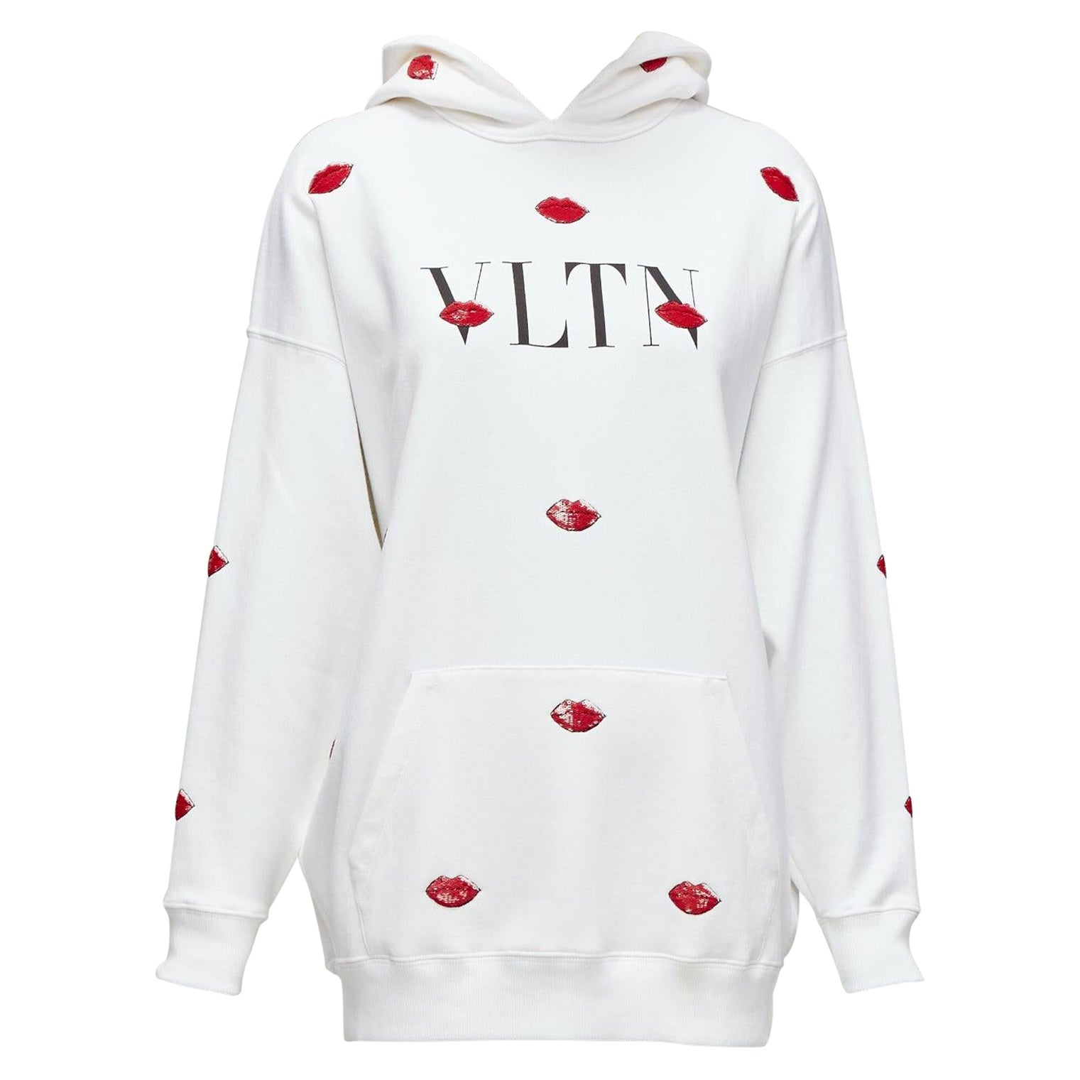 VALENTINO VLTN Le Rouge Kisses red sequin lips embroidery oversized hoodie XXS For Sale