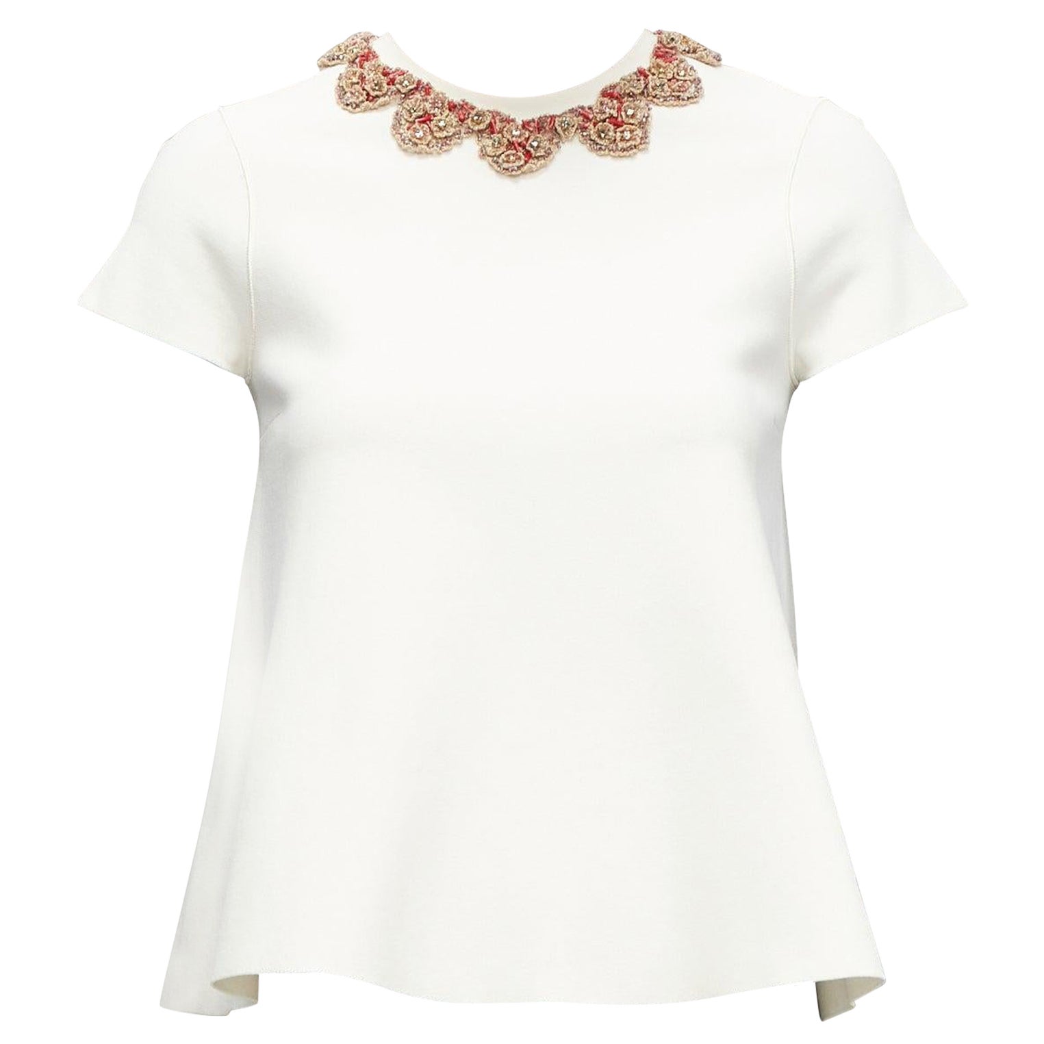 VALENTINO red gold floral applique collar cream knit Aline flare top S For Sale