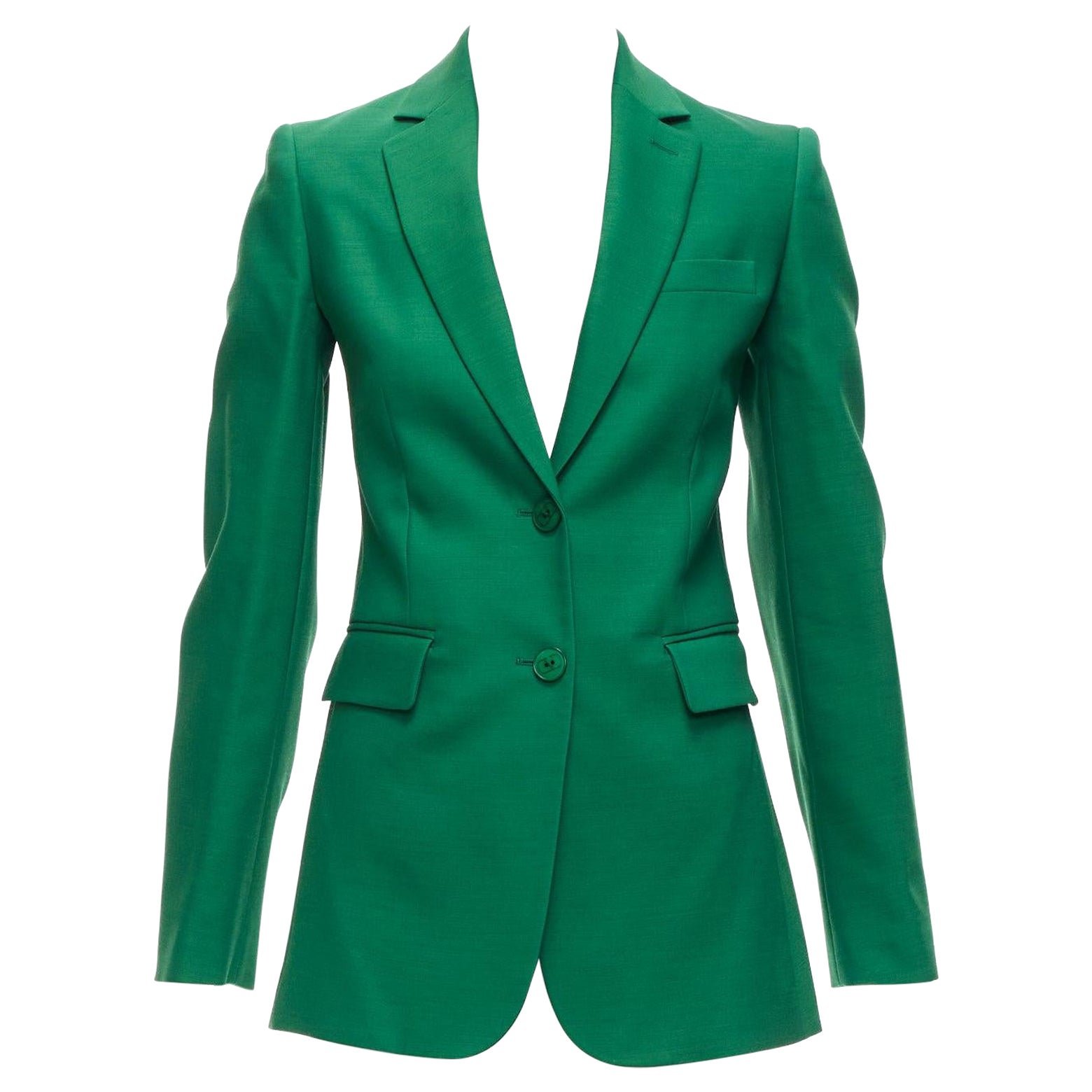 VALENTINO Kelly green wool silk fitted kong sleeve V neck blazer jacket IT36 XXS For Sale
