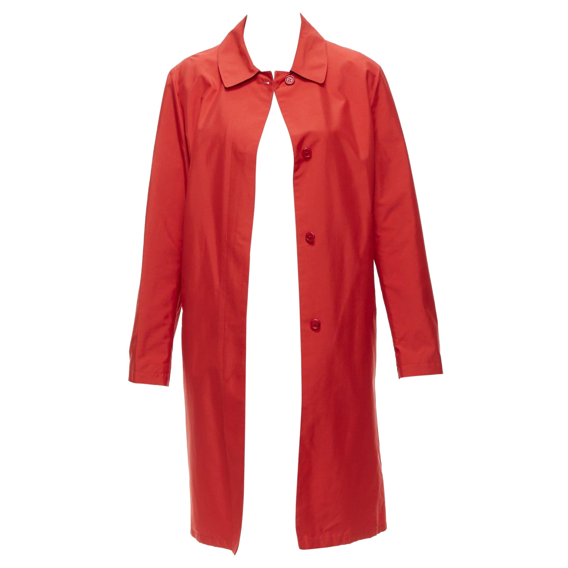 BURBERRY red nylon hidden button stand minimal classic longline trench jacket For Sale