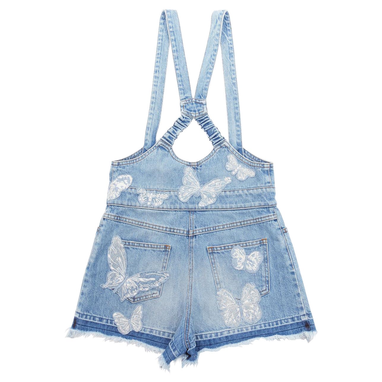 VALENTINO washed denim white butterfly patch suspender dungaree shorts 25" For Sale