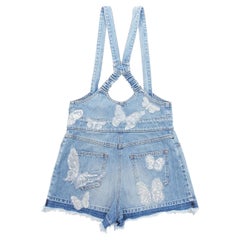 VALENTINO washed denim white butterfly patch suspender dungaree shorts 25"