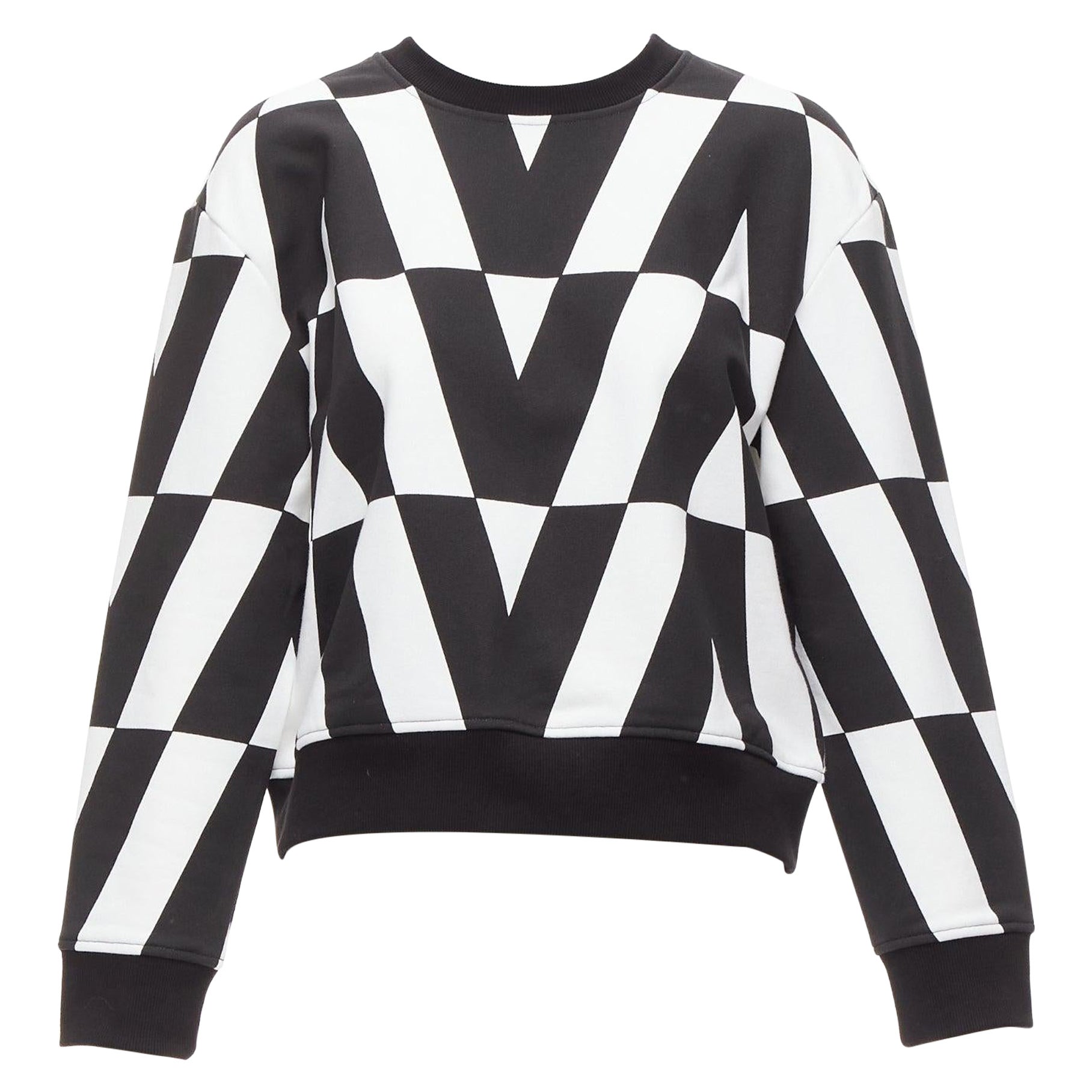 VALENTINO V LOGO black white optic graphic crew neck cropped sweater XS For Sale