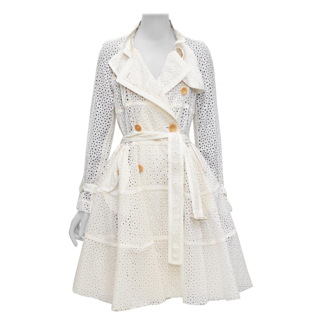 SACAI 2012 cream eyelet embroidery anglais double breast belted flared coat JP3