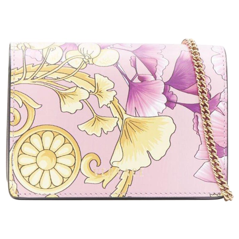 VERSACE Gingko Barocco pink gold floral leather wallet crossbody micro bag For Sale