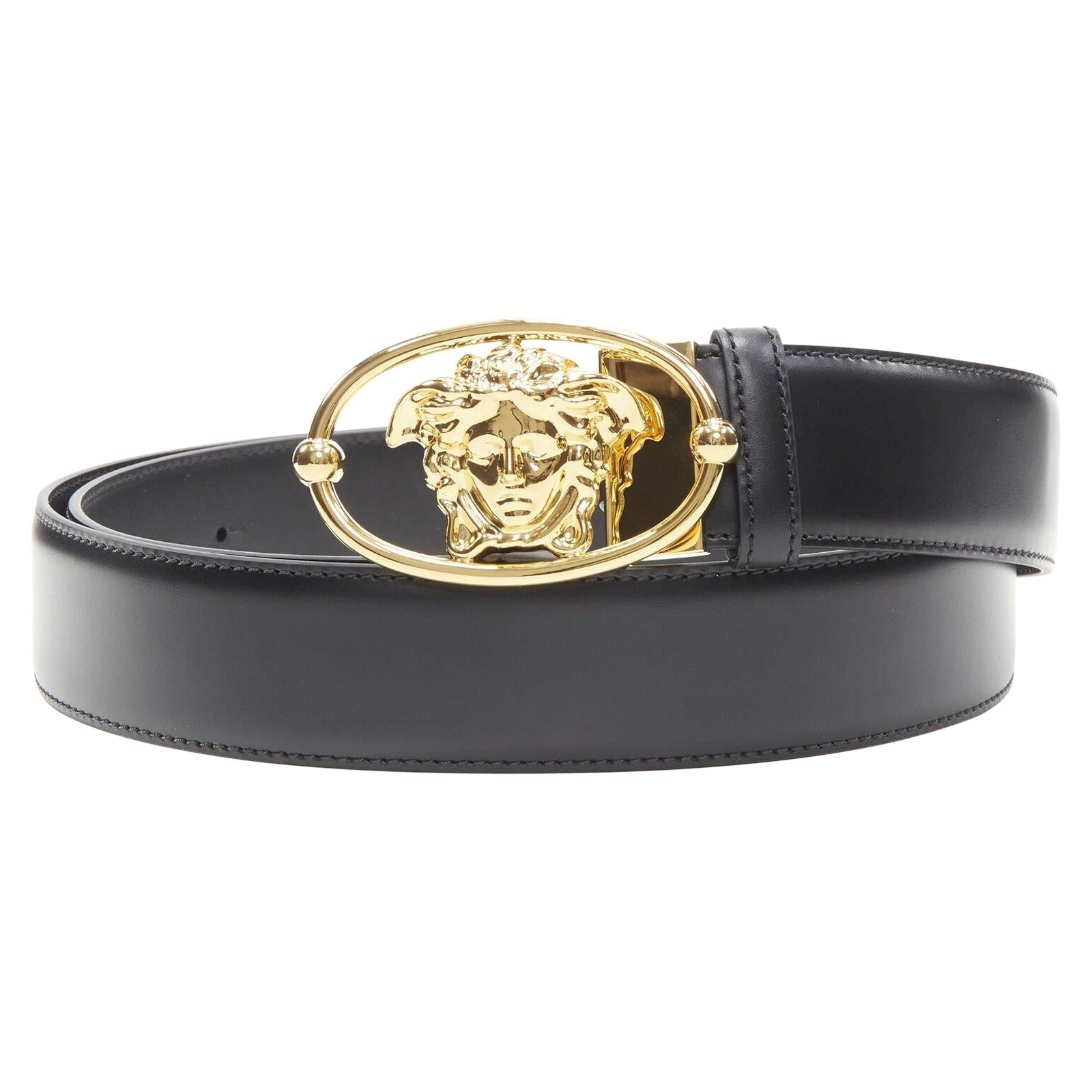 VERSACE La Medusa Insignia gold oval buckle black leather belt 100cm 38-42" For Sale