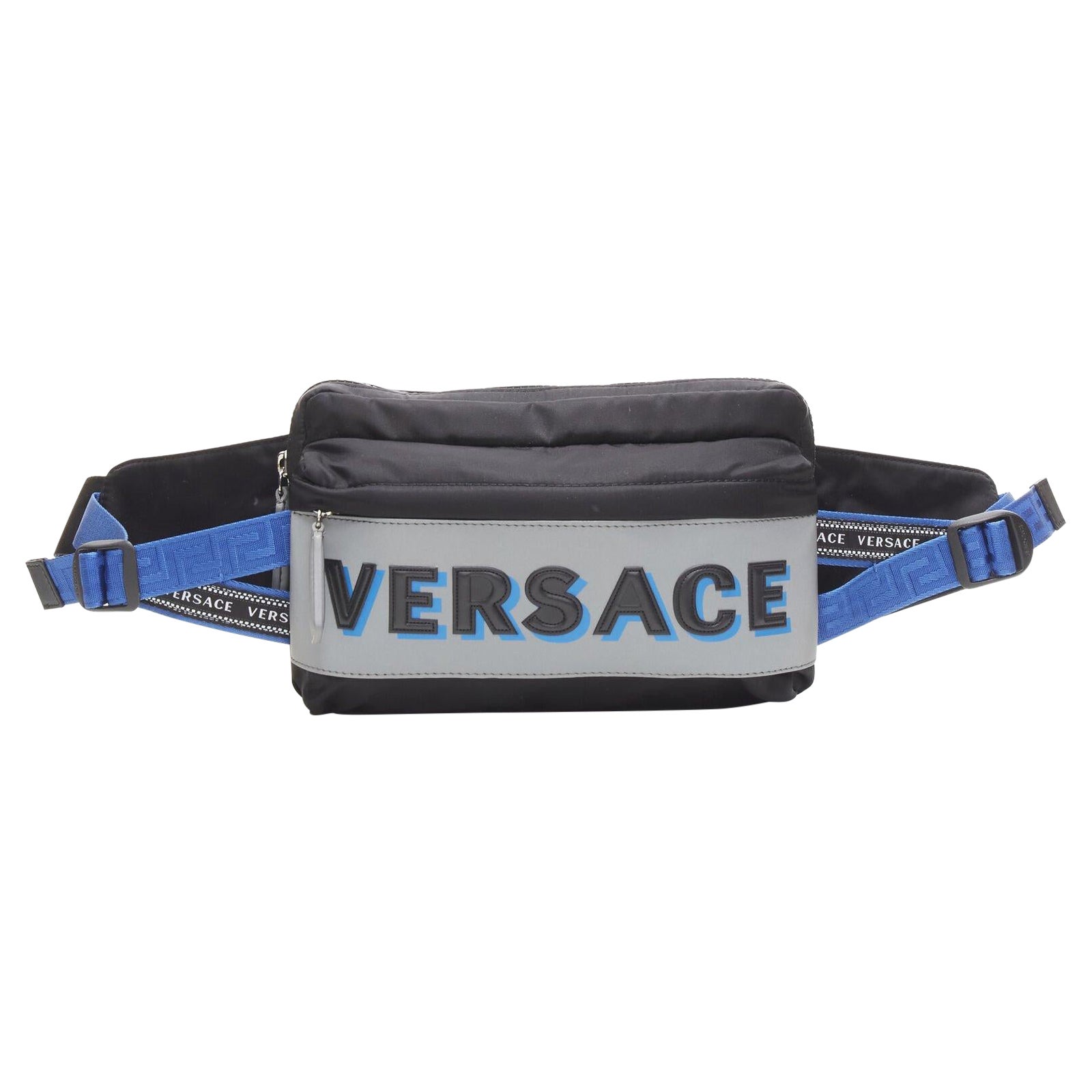 VERSACE reflective logo black nylon Greca strap crossbody belt waist bag For Sale