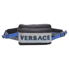 Used VERSACE reflective logo black nylon Greca strap crossbody belt waist bag
