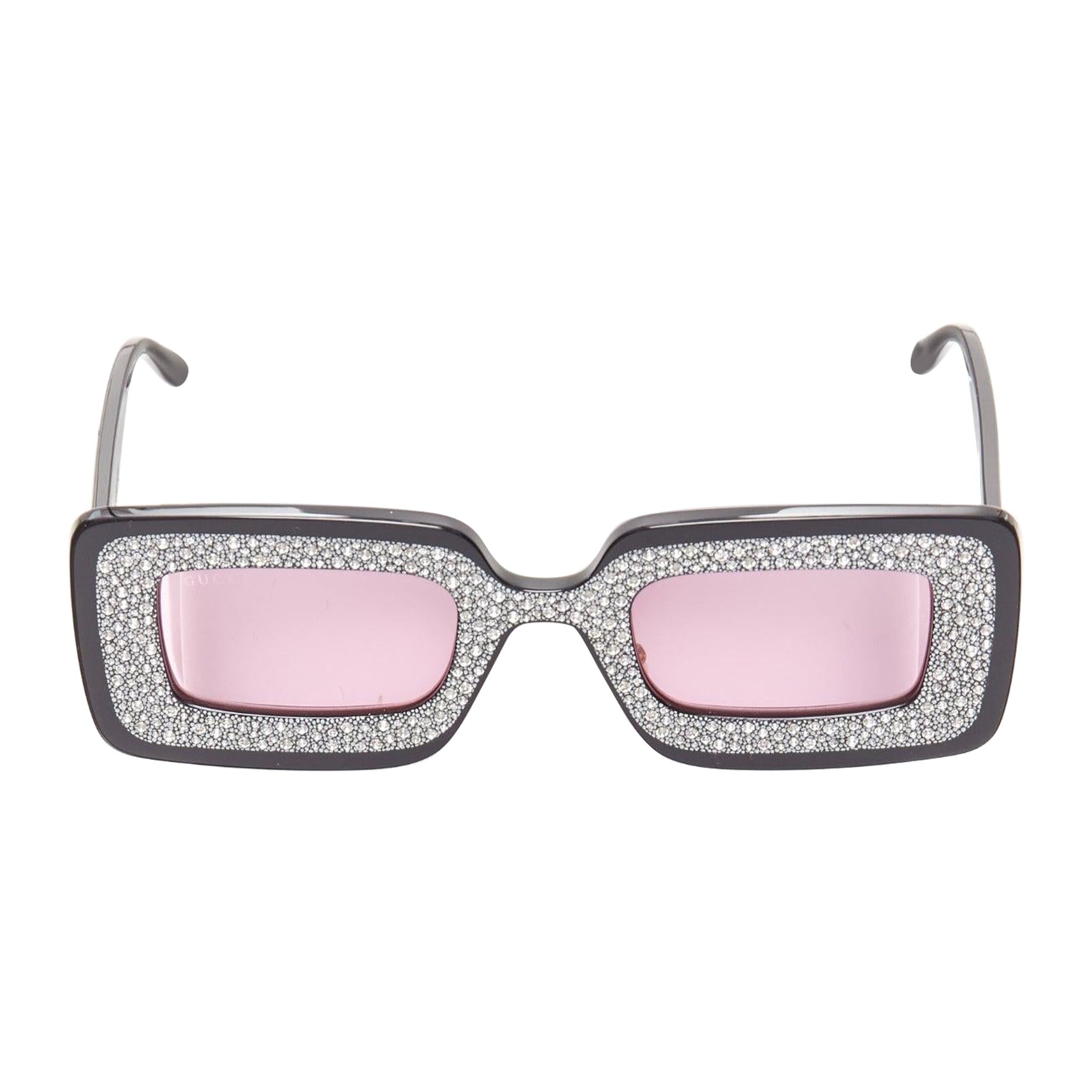 GUCCI GG0974S silver crystal frame pink lens rectangular sunnies For Sale