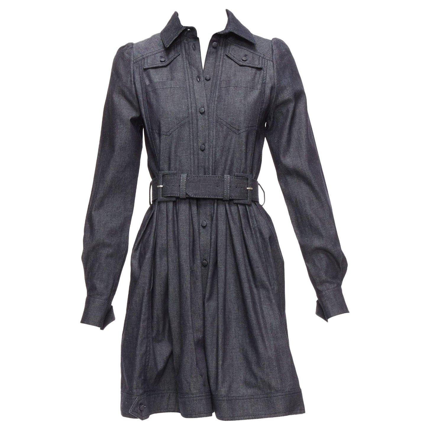 DICE KAYEK dark blue cotton denim pleated front pocketed safari dress FR34 XS For Sale
