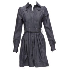DICE KAYEK Dunkelblaues Safari-Kleid aus Baumwoll-Denim mit plissierter Vorderseite und Tasche aus Safari FR34 XS