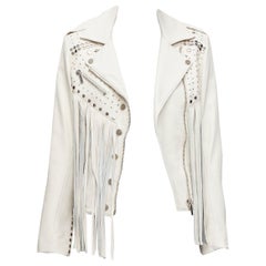 NOUR HAMMOUR cream lambskin fringe silver studs western biker jacket FR34 XS