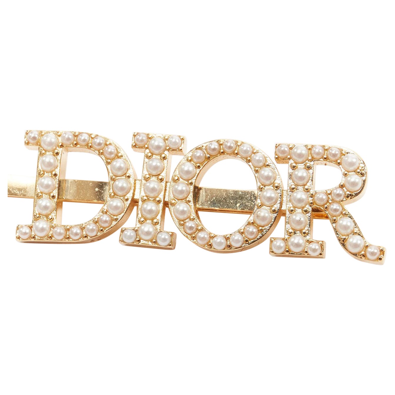 CHRISTIAN DIOR cream faux pearl logo gold metal barrette hair clip For Sale