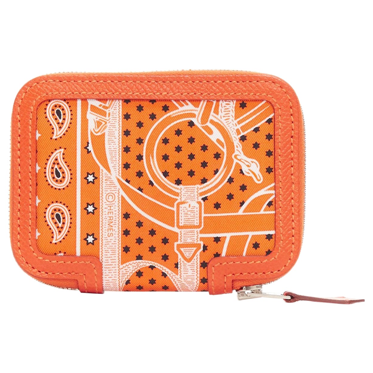 HERMES Soie Cool orange paisley print silk leather zip around wallet For Sale