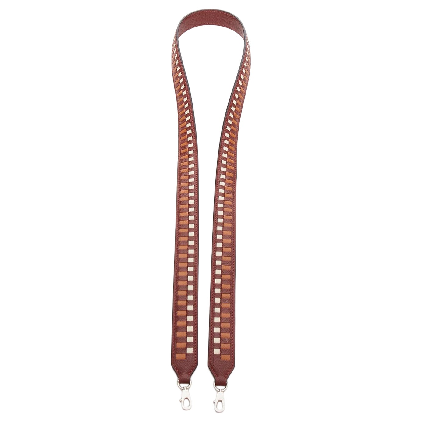 HERMES Sangle 25 brown white woven togo leather silver hardware bag strap For Sale