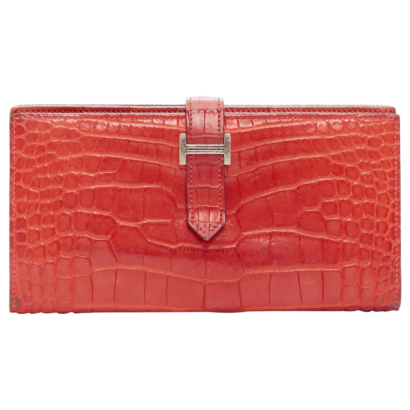 HERMES Bearne red scaled leather silver H logo long wallet For Sale
