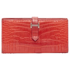 HERMES Bearne rot geschupptes Leder silbernes H-Logo lange Brieftasche