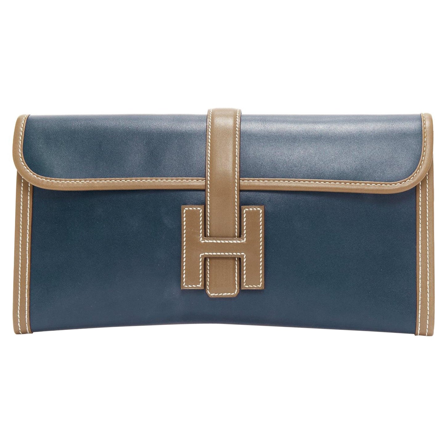 HERMES Jige Elan 29 blue taupe H logo swift leather loop through clutch bag