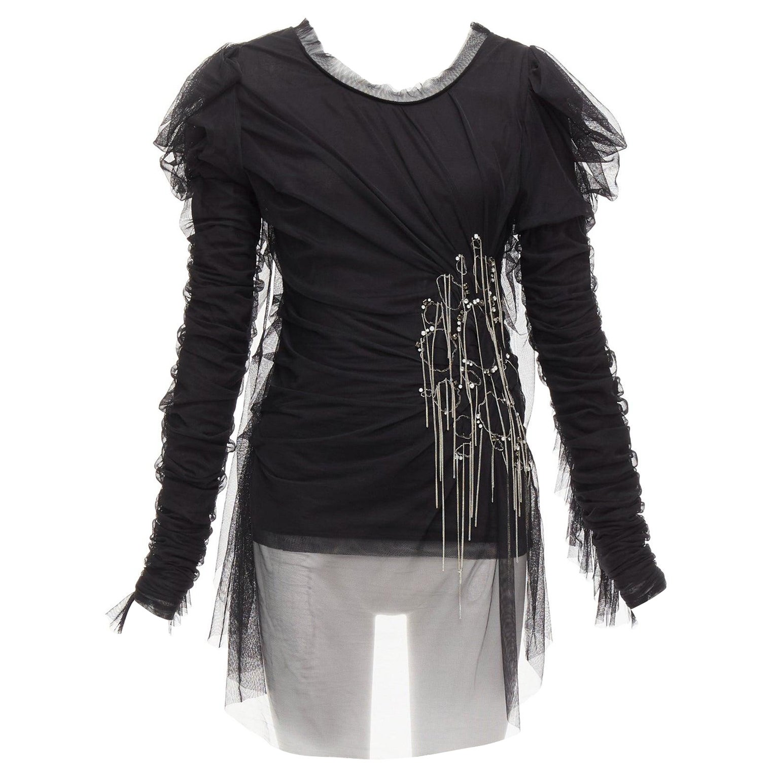 FAITH CONNEXION black viscose mesh overlay silver chain crystal top S For Sale