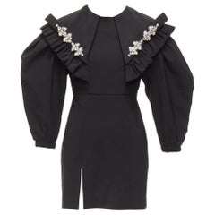 SHUSHU TONG black crystal large collar puff sleeves fitted mini dress UK6 XS
