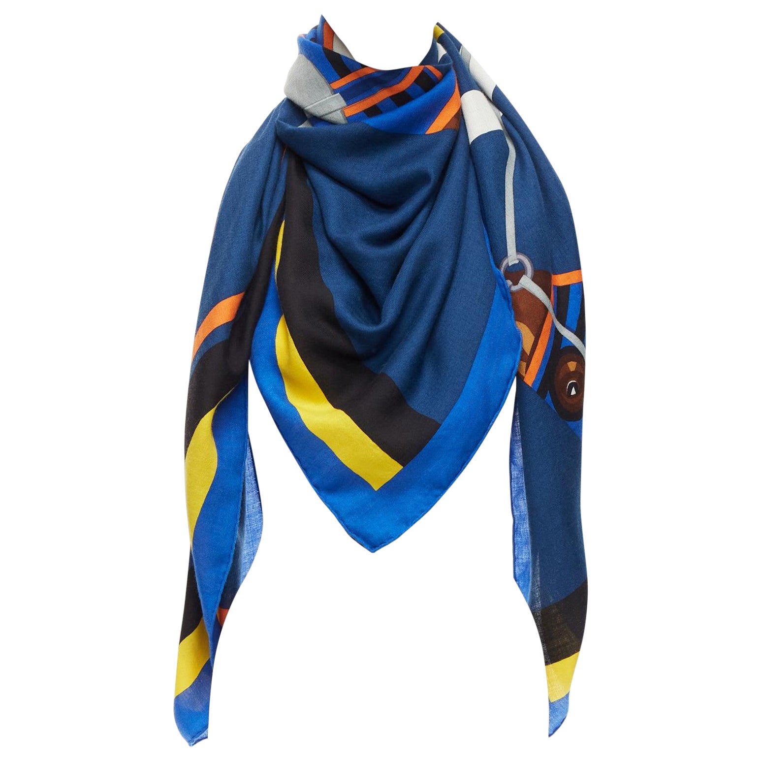 HERMES blue cashmere silk colorblock equestrian horse 135cm square scarf For Sale