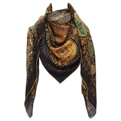 HERMES green brown cashmere silk ethnic garden floral print 135cm square scarf