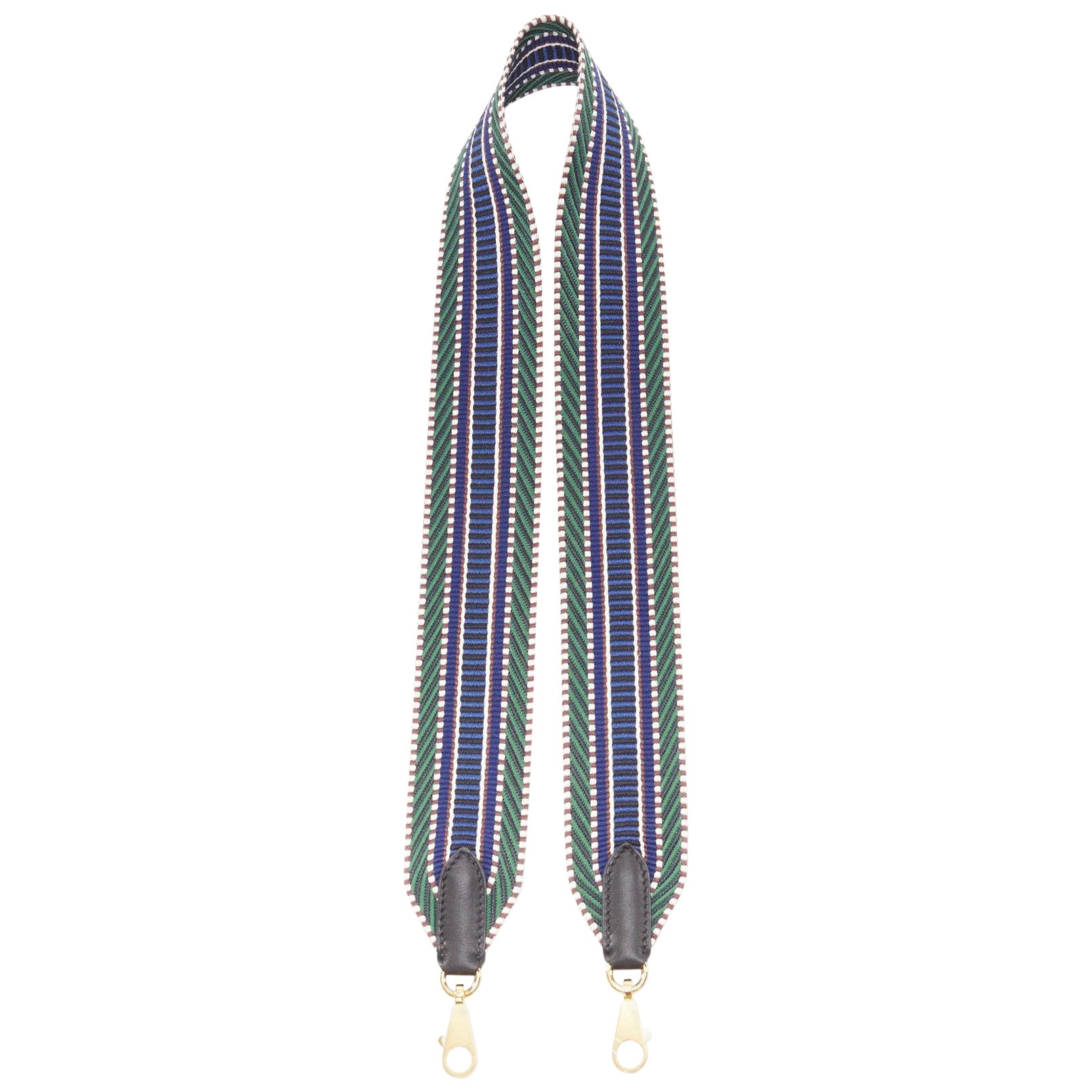 HERMES Sangle 50 green chevron stripes woven fabric gold hardware long strap For Sale