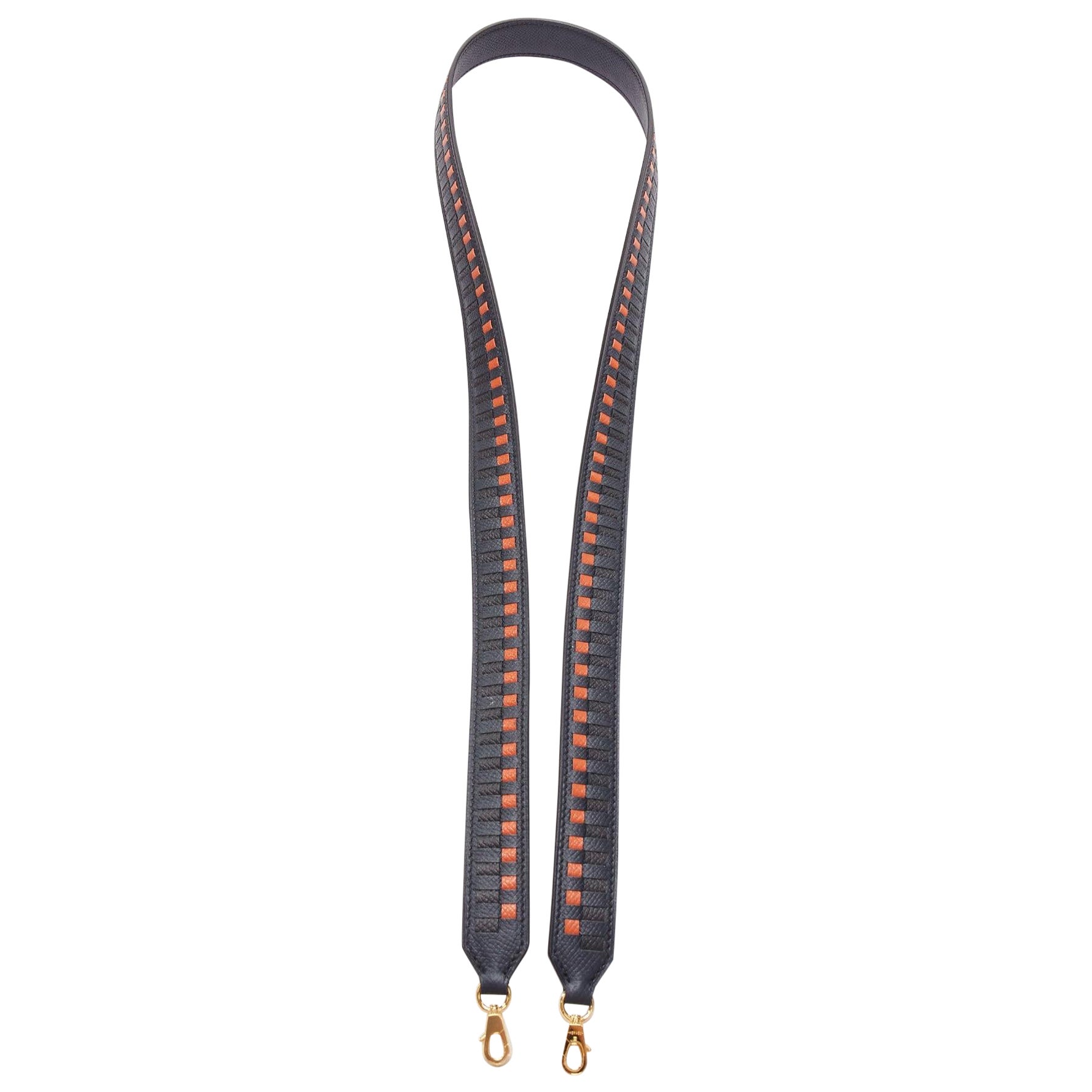 HERMES Sangle 25 orange black woven leather gold hardware bag strap