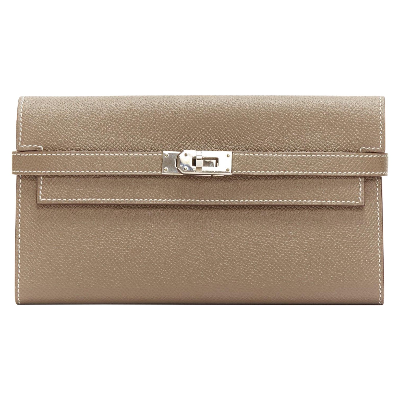 HERMES Kelly Longue taupe togo leather silver turnlock flap long wallet For Sale