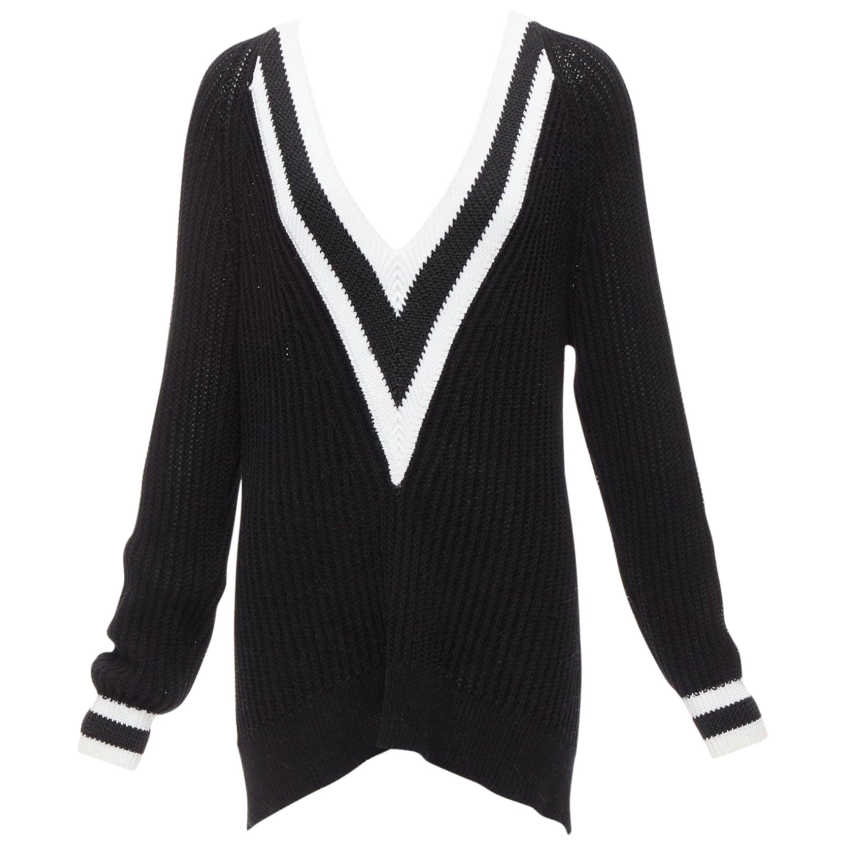 RAG & BONE black white cotton deep V raglan sleeve varsity sweater M For Sale