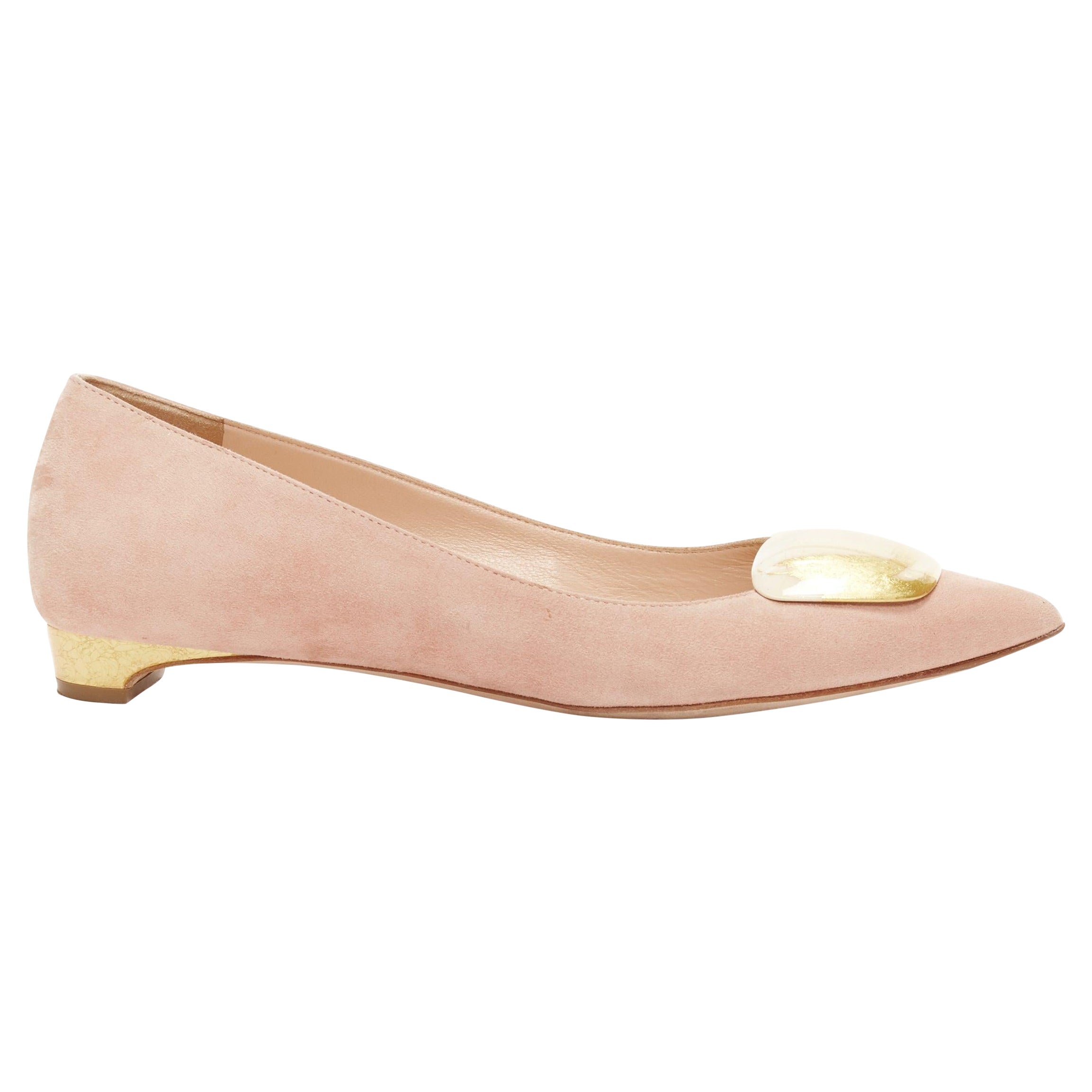 RUPERT SANDERSON pink blush suede nude gold buckles pointy flats EU37 For Sale