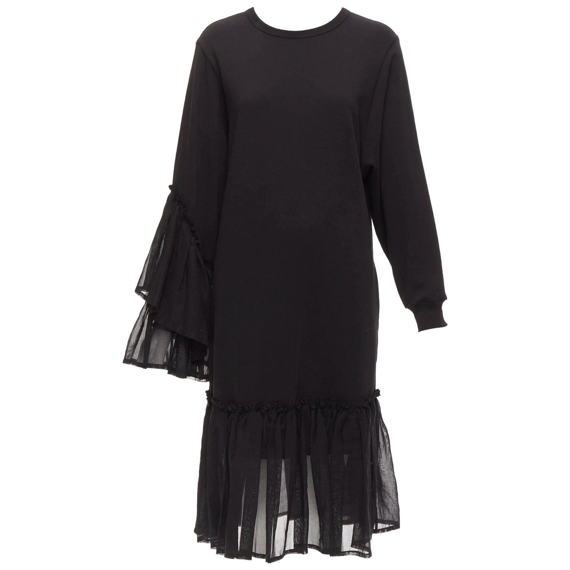 DRIES VAN NOTEN black cotton asymmetric sleeve ruffle hem sweatshirt dress S For Sale