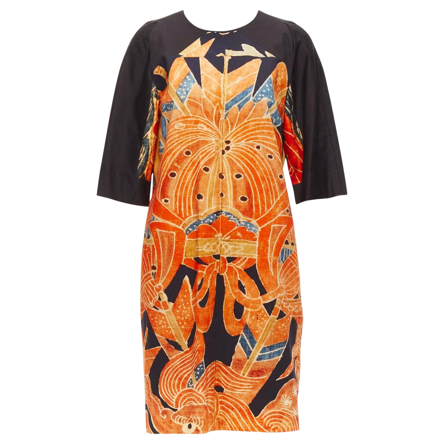 DRIES VAN NOTEN orange black cotton abstract ethnic print shift dress FR40 L For Sale