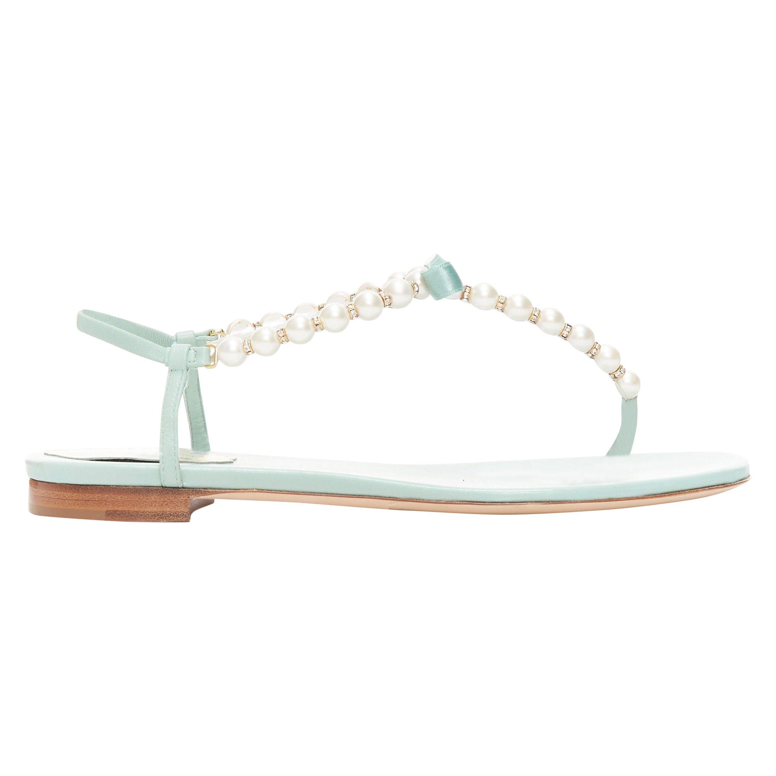 RENE CAOVILLA teal leather bow crystal pearl tstrap flat sandals EU37 For Sale