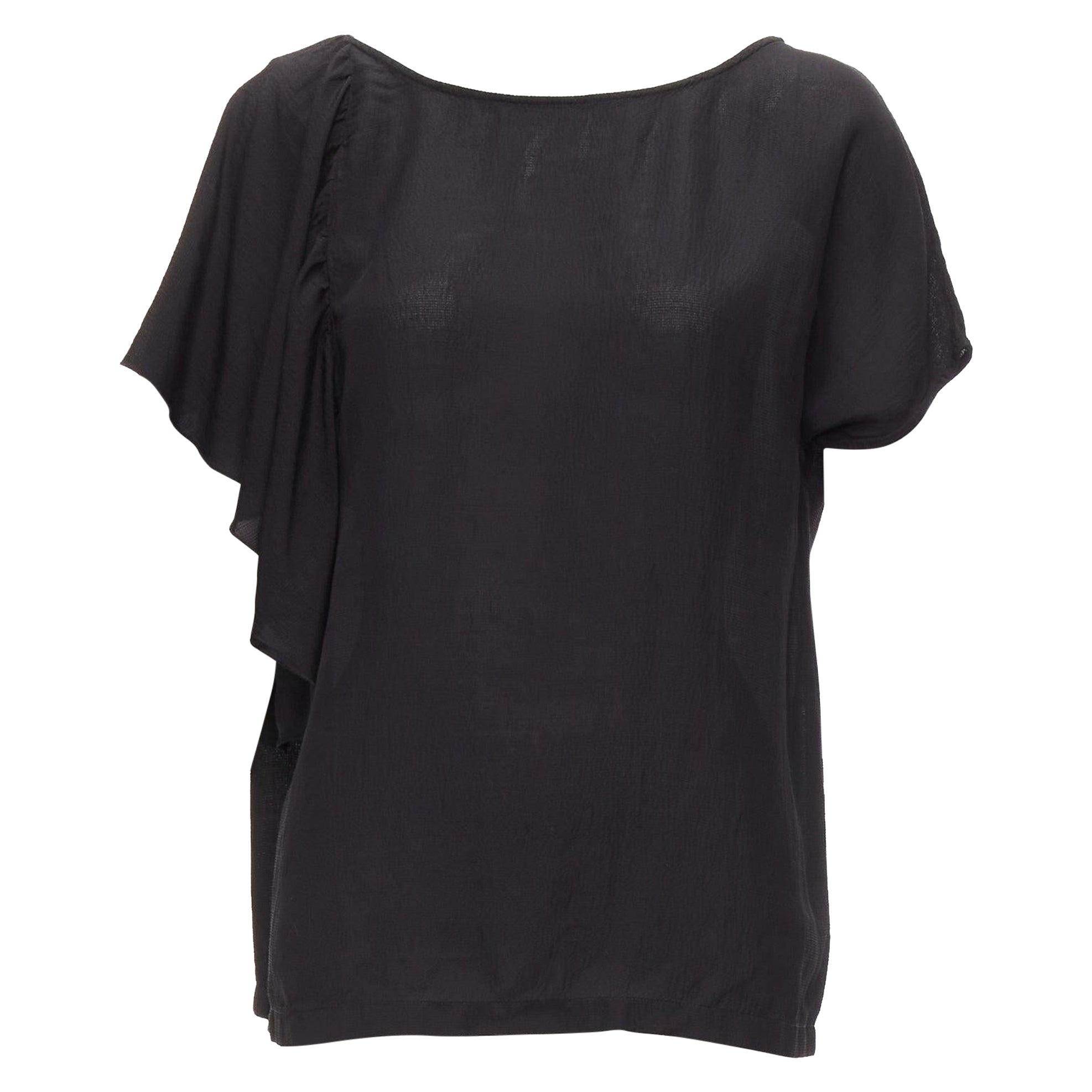 DRIES VAN NOTEN black viscose linen asymmetric flutter sleeve blouse top FR40 L For Sale