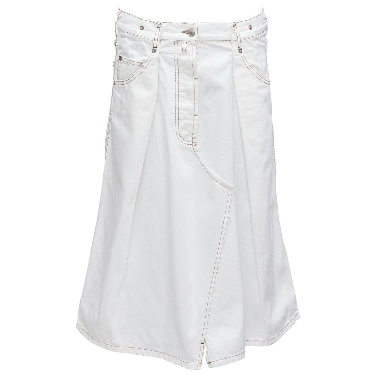DRIES VAN NOTEN white cotton brown overstitched A-line denim skirt FR38 M For Sale