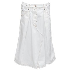 DRIES VAN NOTEN white cotton brown overstitched A-line denim skirt FR38 M