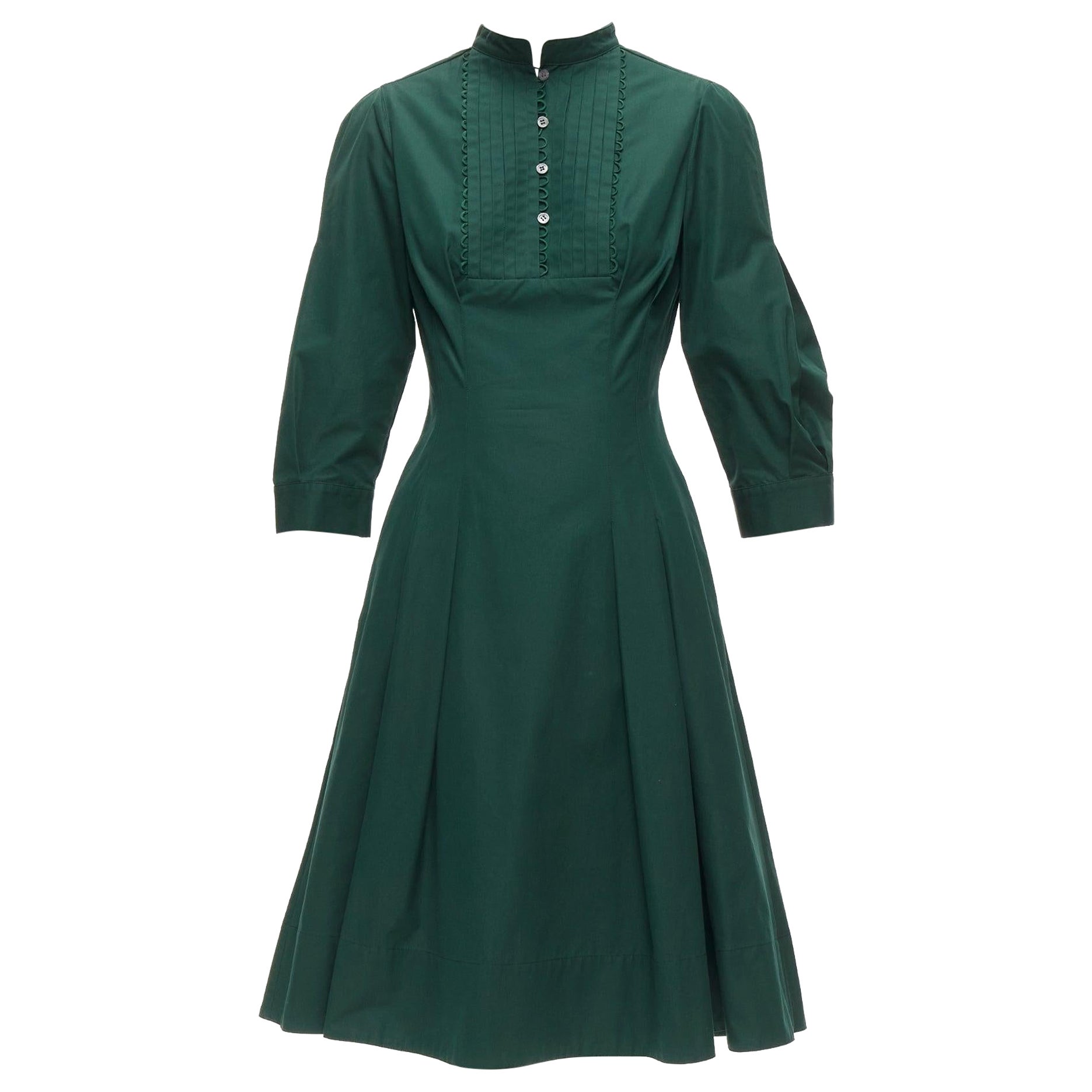 OSCAR DE LA RENTA 2019 - Robe chemise midi plissée en coton vert avec bordure à franges US0 XS en vente
