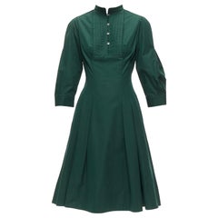 OSCAR DE LA RENTA 2019 green cotton frill trim pleated midi shirt dress US0 XS