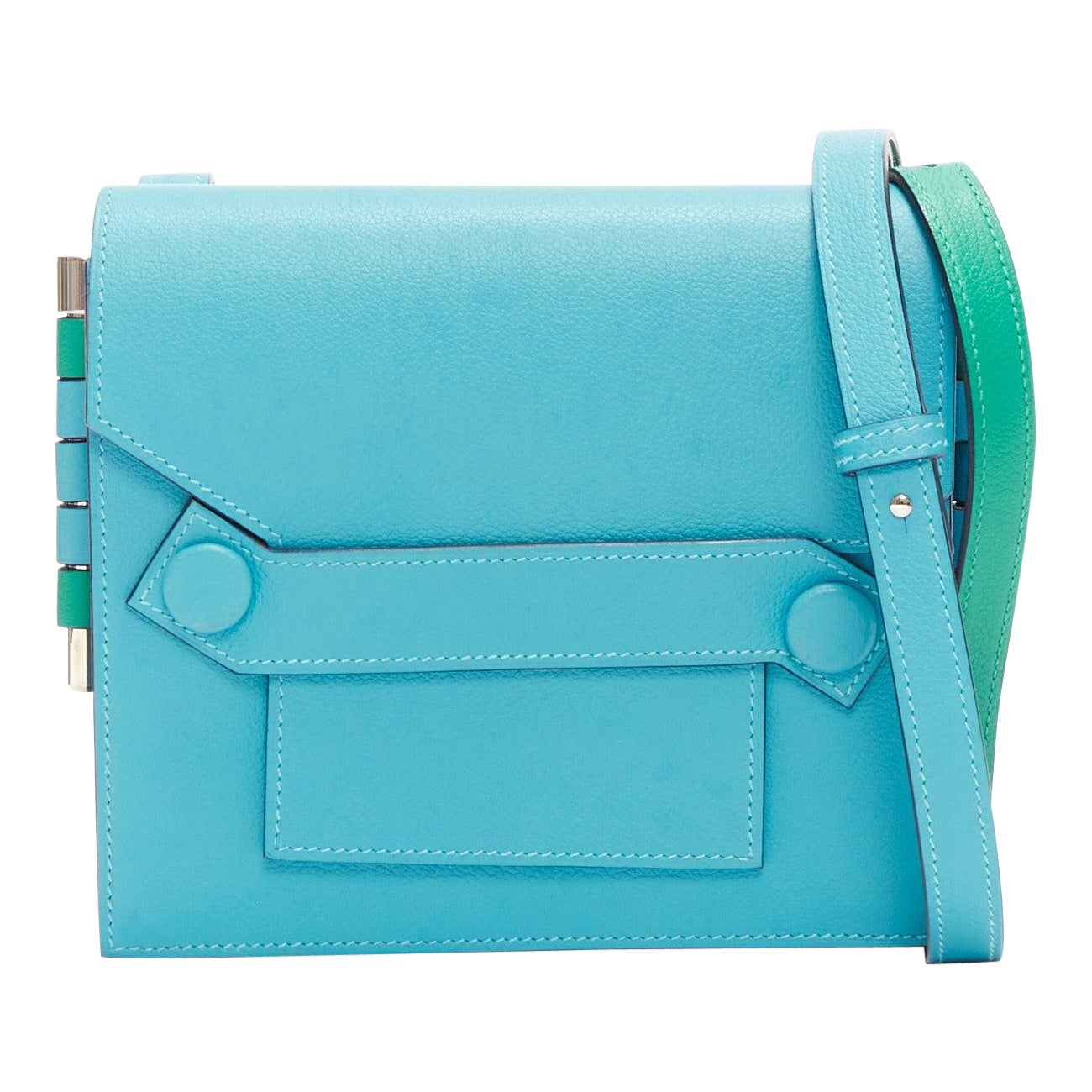 HERMÈS 2019 Twins, sac à bandoulière reversible asymétrique bleu vert à rabat en vente