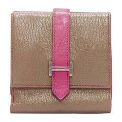 HERMES Bearn taupe pink leather H logo strap bifold square wallet