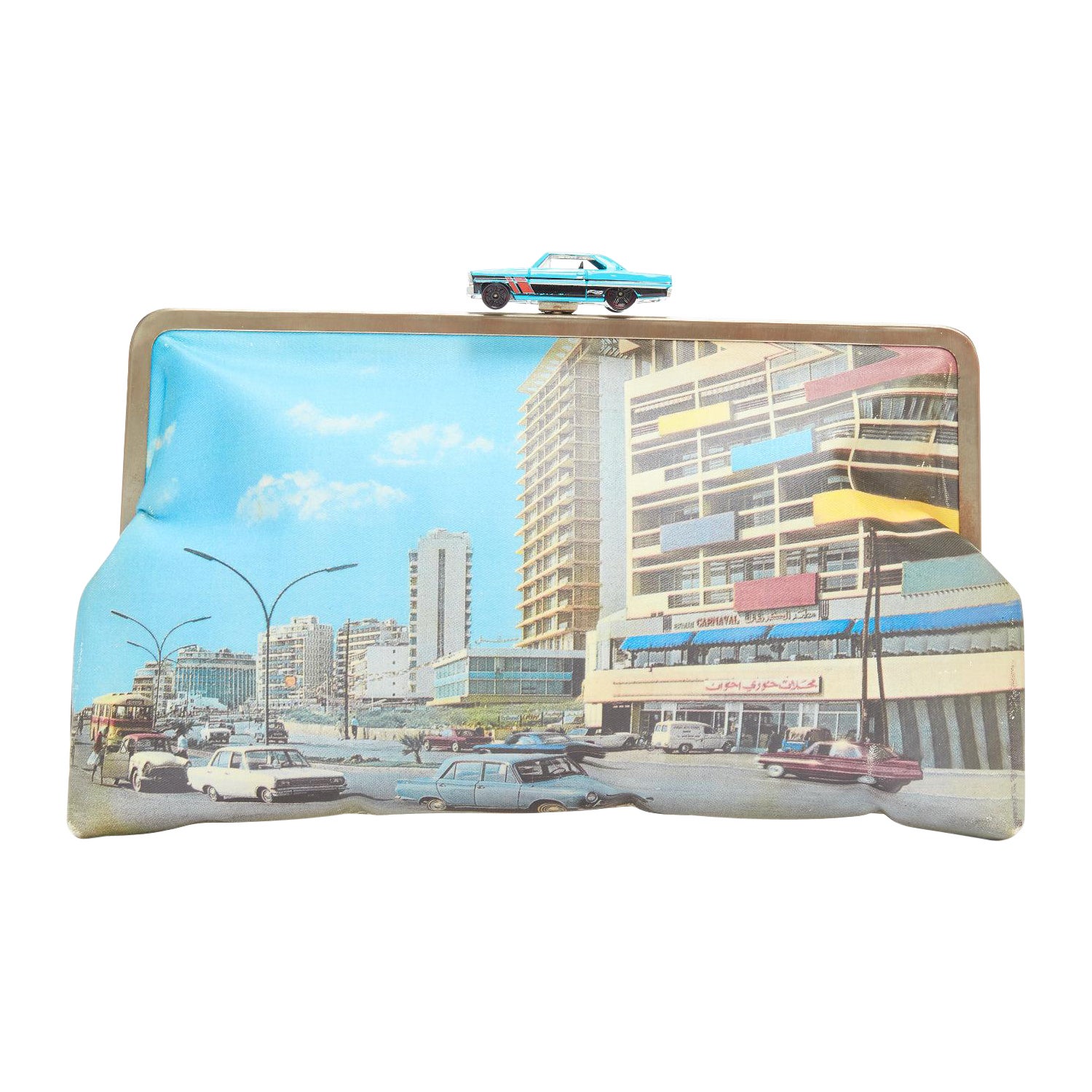 SARAH'S BAG blue vintage car clasp street print canvas silver frame clutch bag For Sale