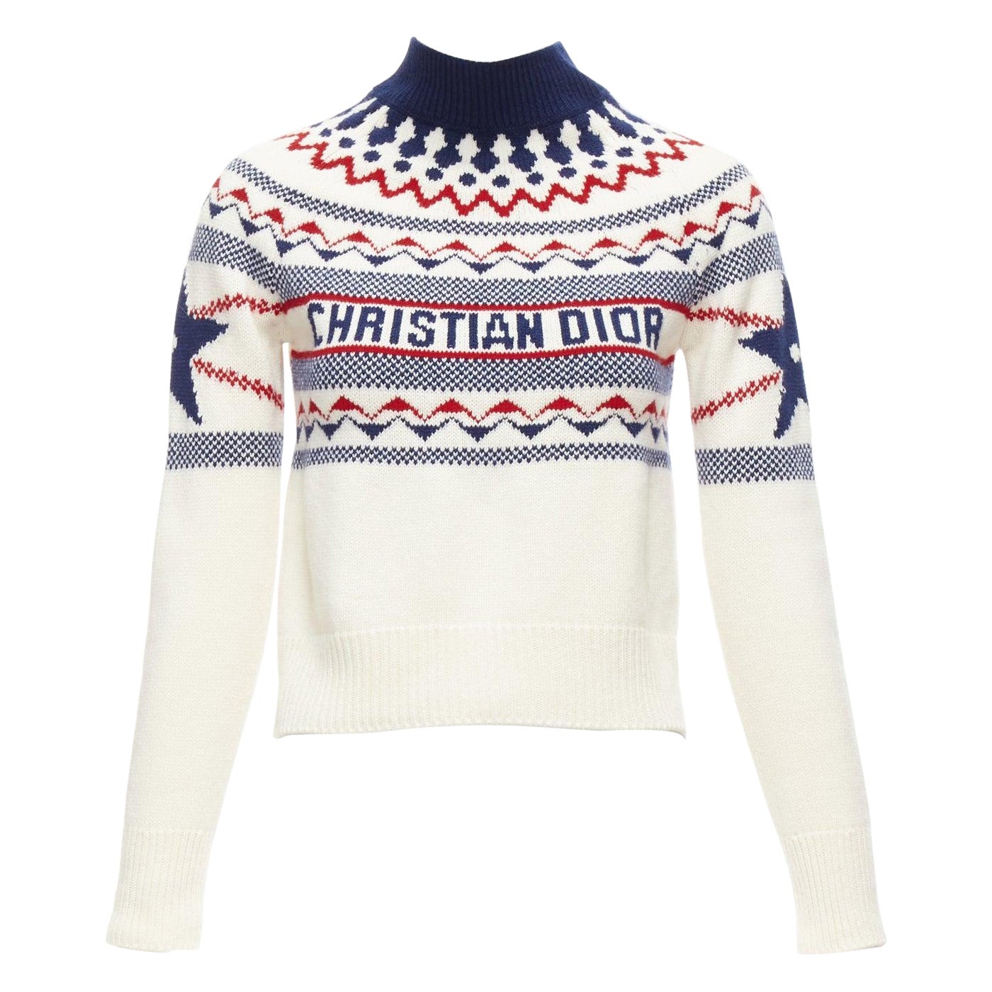 CHRISTIAN DIOR Dioralps cream wool cashmere logo star fairisle sweater FR34 XS For Sale