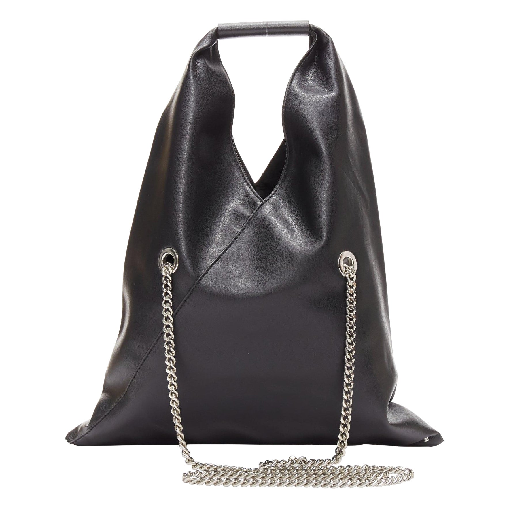 MAISON MARGIELA MM6 black buffed faux leather small triangle chain tote bag For Sale